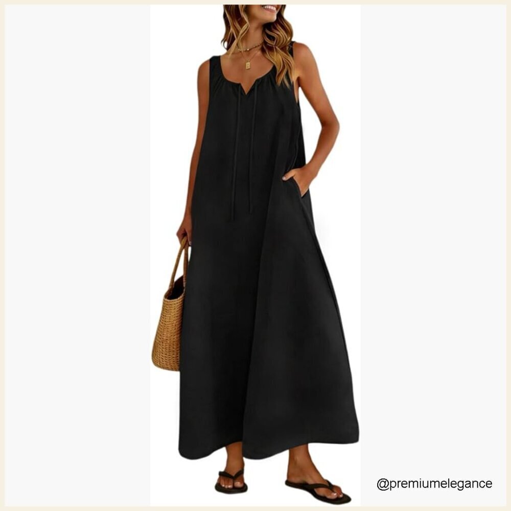 Linen Maxi Dress with Pockets, Drawstring Tank Sundress, Casual Boho